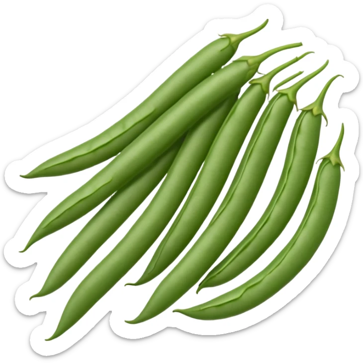 cluster of green beans, 2-4, slightly curved, smooth green skin, pointed ends, fresh and crisp, subtle sheen, natural texture, tiny stem tips, no leaves, no plate, transparent background, emoji scale sticker