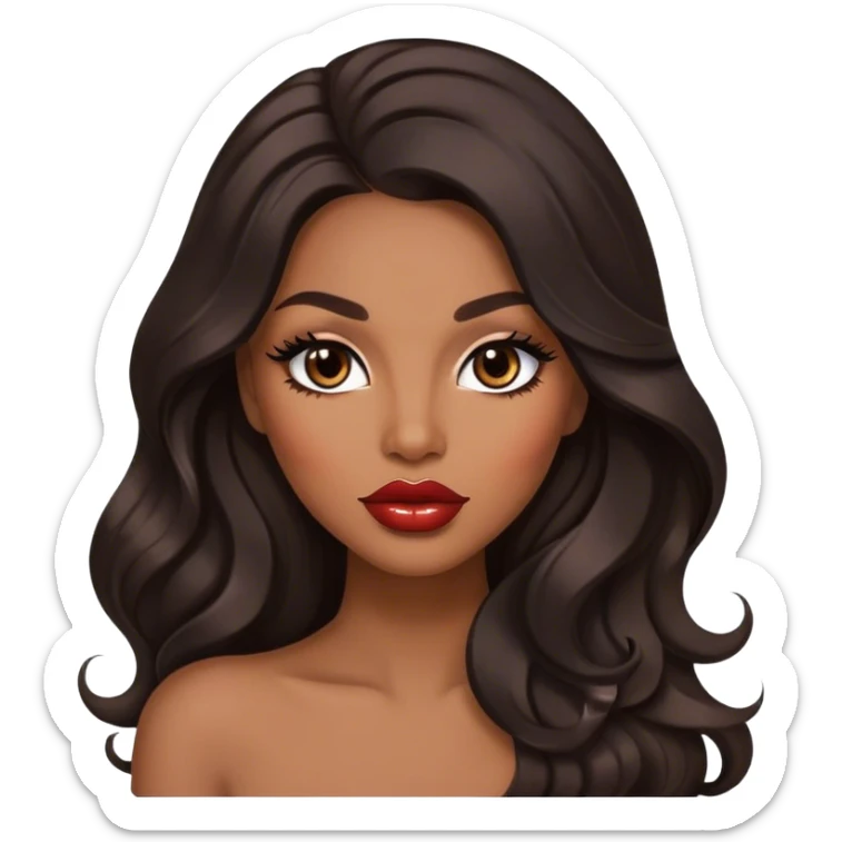 Glamourous, medium brown skin tone, very beautiful woman, with big plump lips, long long lashes, black wavy long hair, brown eyes sticker
