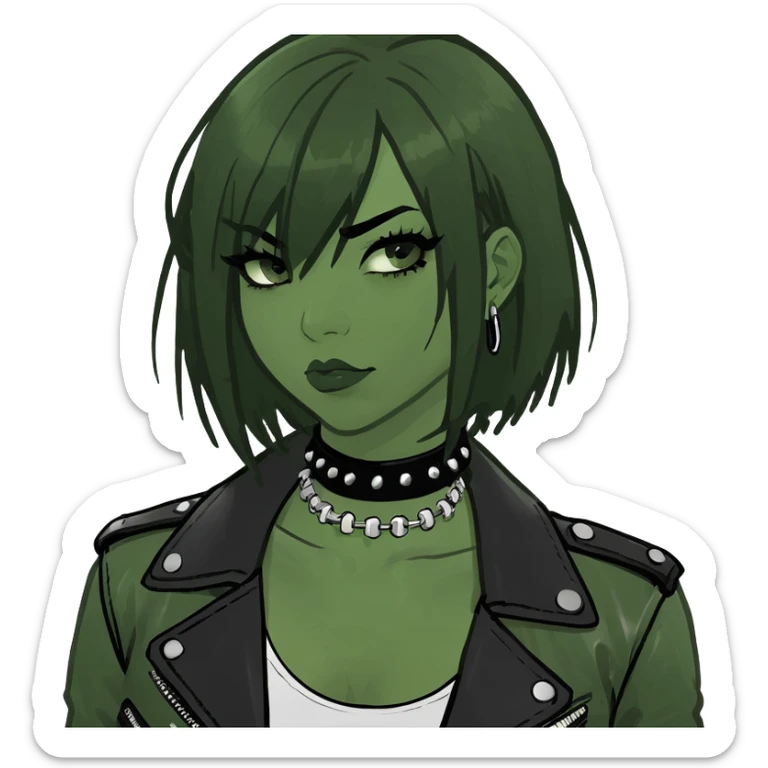 A asian girl with Black eyes and black straight hair with a bob with a black spiked chocker with white tank top with a leather jacket on sticker