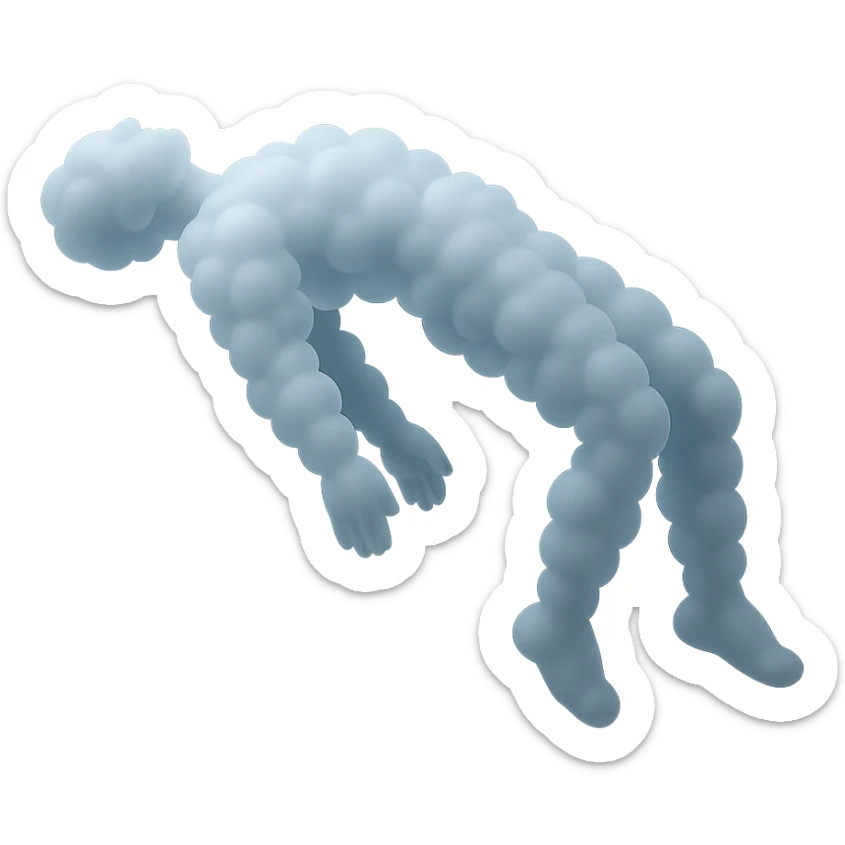 side view of a person unconscious, flying upwards by the torso, legs and arms downwards, made of small very bright white fluffy convex clouds, matte glass style sticker