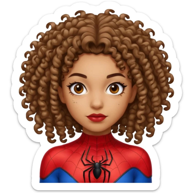 Lightskin girl with curly hair, eyebrow piercing in left side, wearing a spider man costume sticker