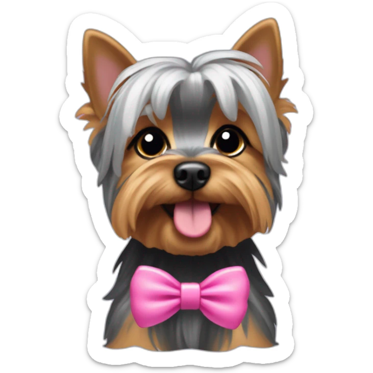 yorkshire terrier with grey hair with the tongue and two little pink hairbow on the head sticker