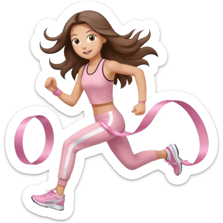 white happy brunette teen long hair with hazel eyes in light pink workout clothes jogging and breaking a ribbon race finish line sticker