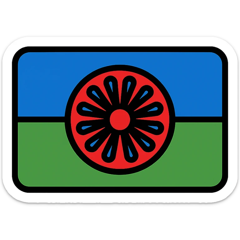 Romani flag with blue and green horizontal stripes and a red spoked wheel in the center sticker