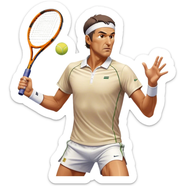Cinematic Realistic portrait of Goran Ivanišević, depicted as an iconic tennis player in dynamic motion with detailed athletic gear and intense focus, illuminated by bold stadium lighting that accentuates his competitive spirit. sticker