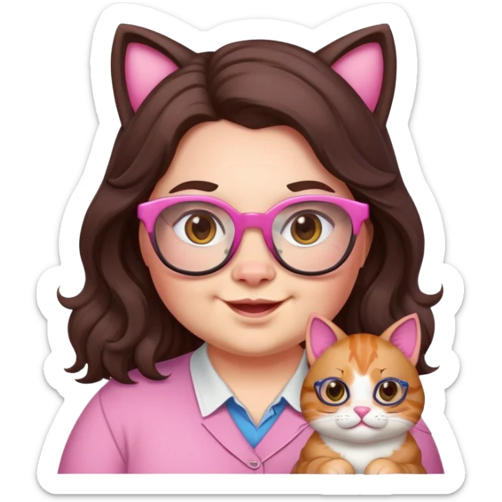 chubby English teacher face, pink cat glasses, wavy long dark brown hair, happy expression, gamer vibe, online classes sticker