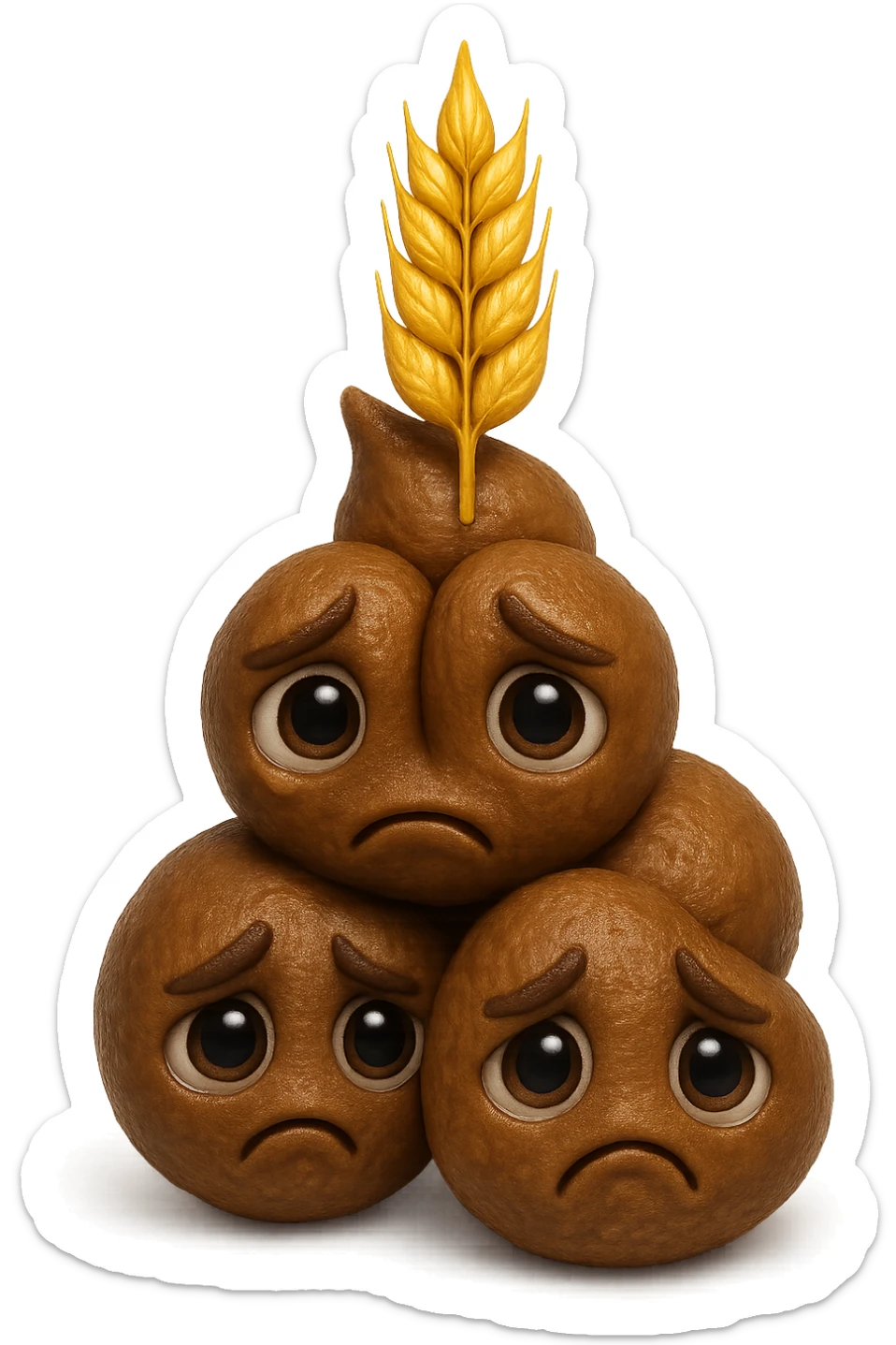 emoji stile iphone di una montagnetta di feci umane realistiche a palline tristi con sopra un simbolo del grano, iperrealistico 4k sticker
