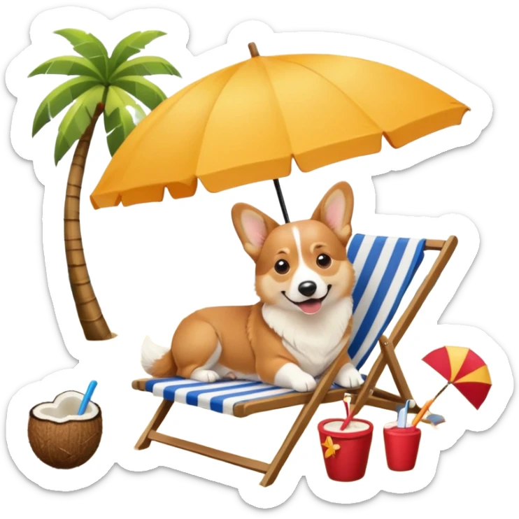 a corgi dog laied on a beach chair, a sunny beach, a sun umbrella, and beach coconut trees. the icon should capture the essence of a relaxing beach vacation with a carefree atmosphere sticker