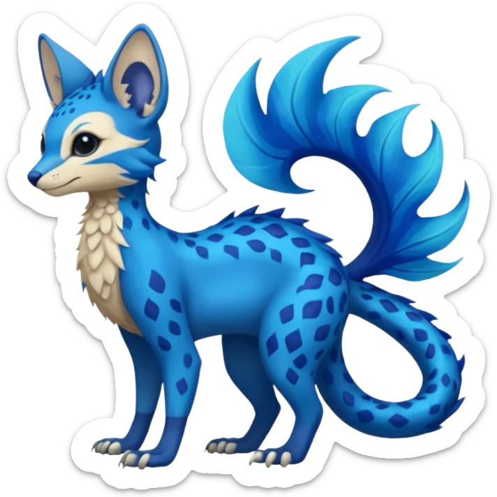 Feral Rare Fantasy vibrant tropical cobalt-blue and cyan Vernid-Trico-species-creature by LiLaiRa, random markings, tufted tail, tufted ears, full body sticker