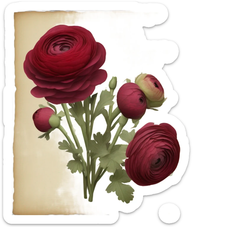 A bouquet of ruby-red ranunculus tied with a velvet ribbon and an old love letter sticker