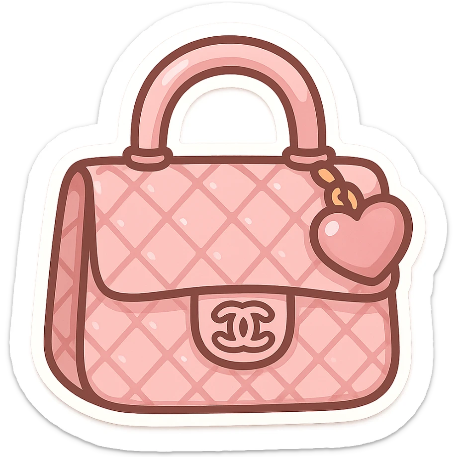 pink Chanel purse with a heart charm, cute and exaggerated chibi stickers style sticker