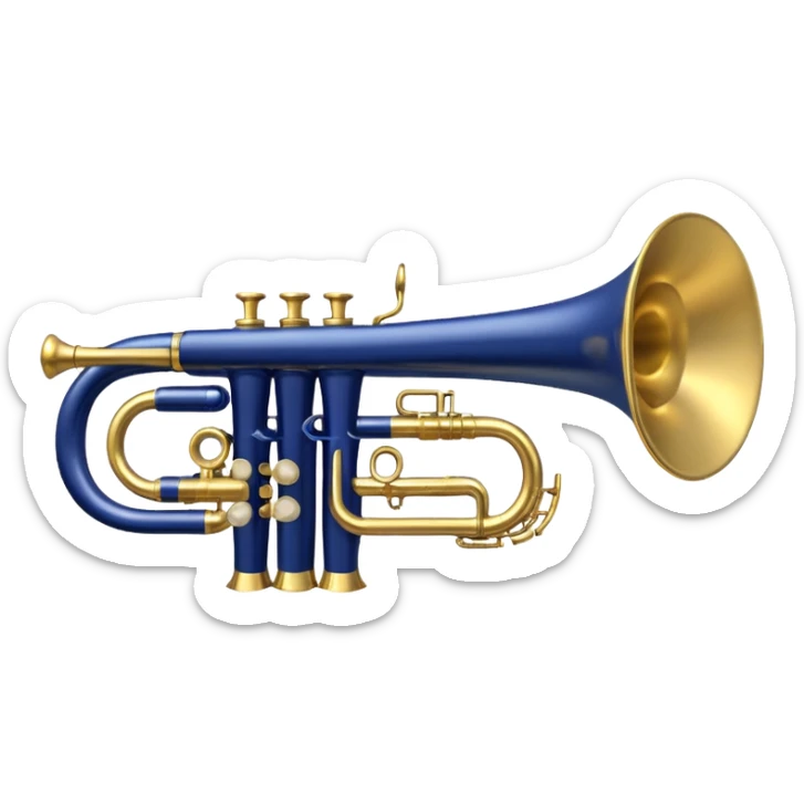 “Flat vector icon of a golden trumpet in side view with mouthpiece, bell, and three simple valves, thick dark outline, minimal details, centered on a deep navy blue rounded-square (or circle) background. Transparent outside the background, PNG.” sticker