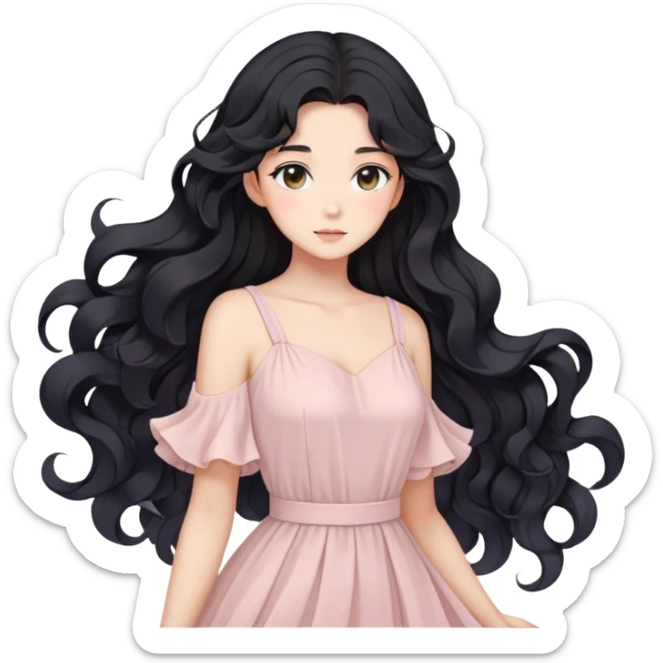 Gorgeous anime lady with elegant black wavy hair wearing a soft flowy feminine dress in pastel colors sticker
