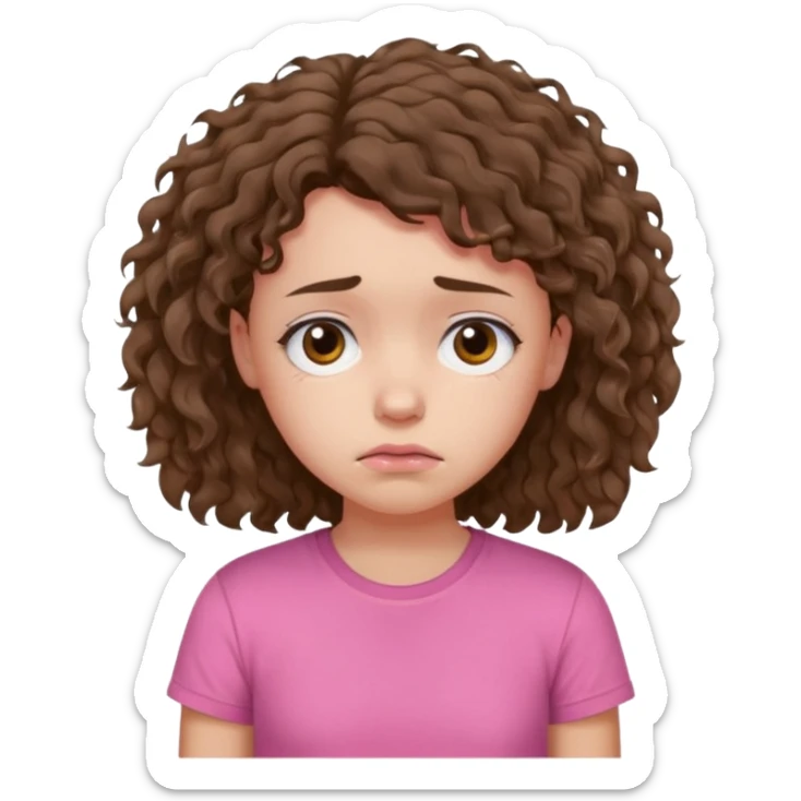 Young girl with unkempt curly hair and a pink T-shirt, looking sad and discouraged sticker
