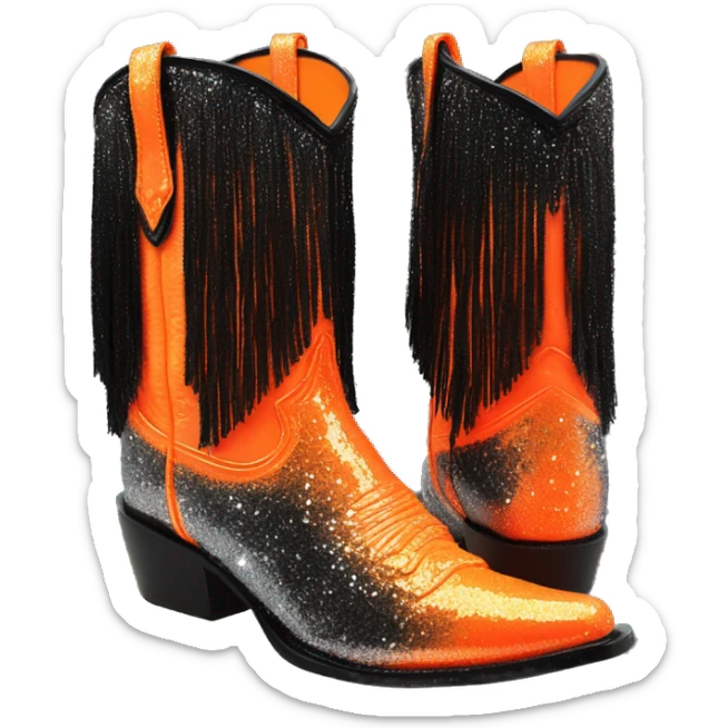 Realistic short neon Orange to black ombre fashion cowgirl boot with sparkly shiny glitter fringe on them. sticker