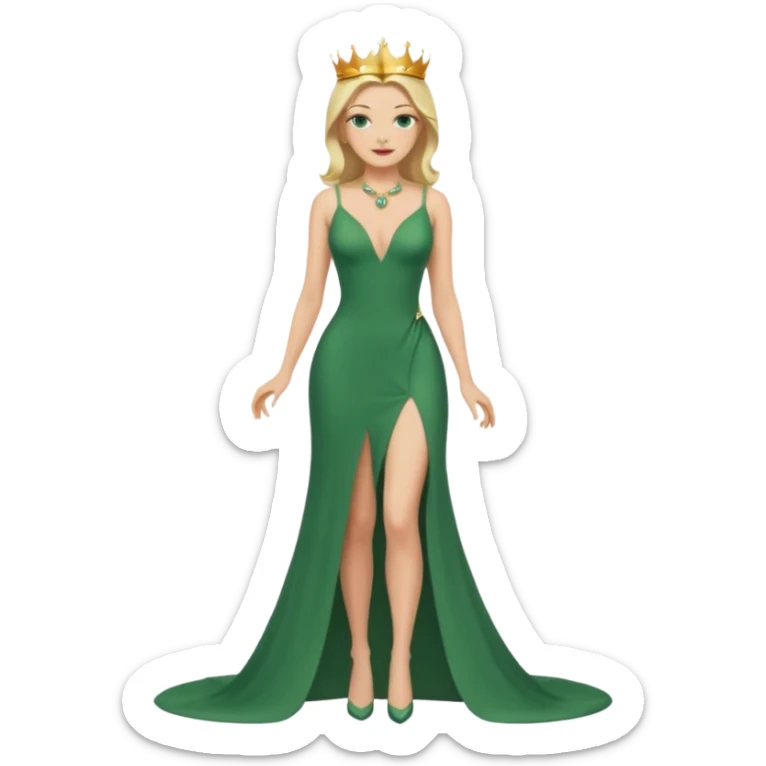 Queen, crown, blonde hair, green eyes, long green tight dress, decoltee,  Leg slit, whole Body, sticker