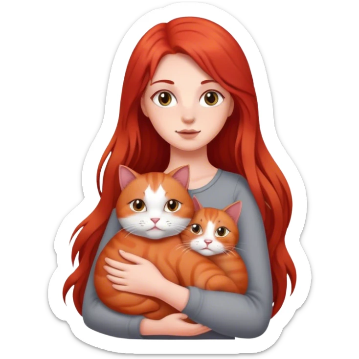 a white girl with red long hair holding a gray fat cat in her arms sticker