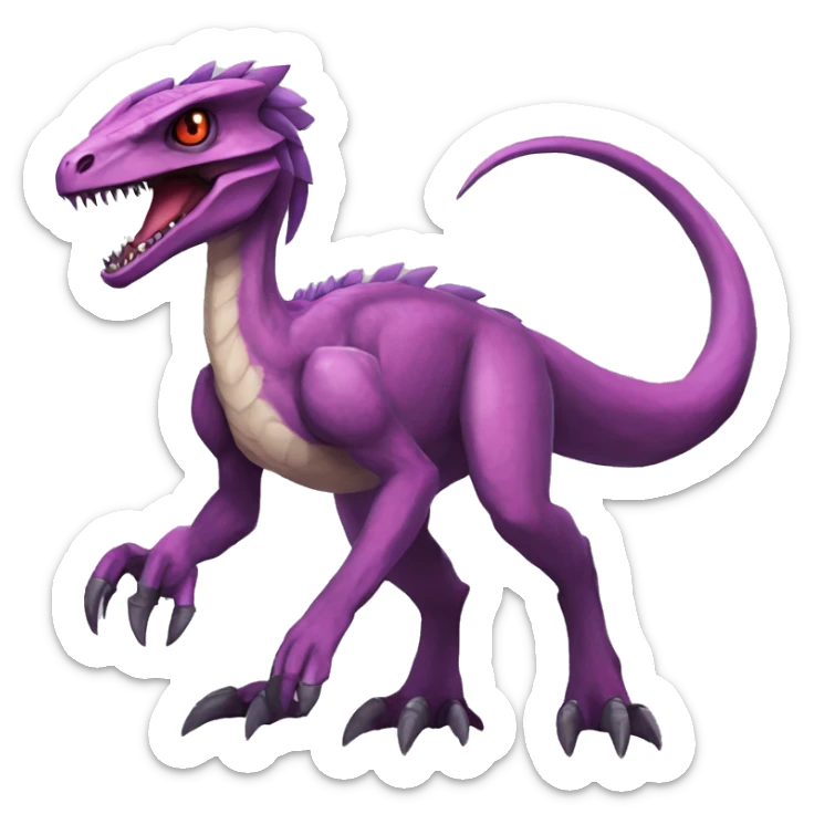 Anthro Mauve-maroon-red-violet-colored edgy anthro-genesect-velociraptor-scalie-sona-Fakémon-hybrid with a mane on head and back and horns full body sticker