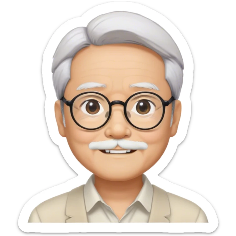 ​Cinematic Realistic Portrait of Hayao Miyazaki, depicted with defined black eyebrows, and large rectangular glasses, his happy expression rendered in lifelike detail, illuminated with soft, realistic lighting that emphasizes his creative genius, sticker