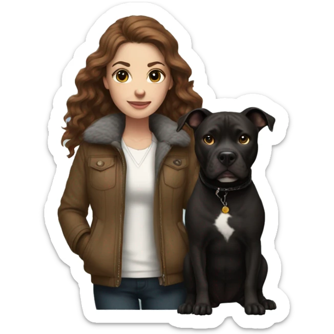 white woman with long brown hair and cat shaped eyes wearing a furry jacket standing alongside a black pitbull  sticker