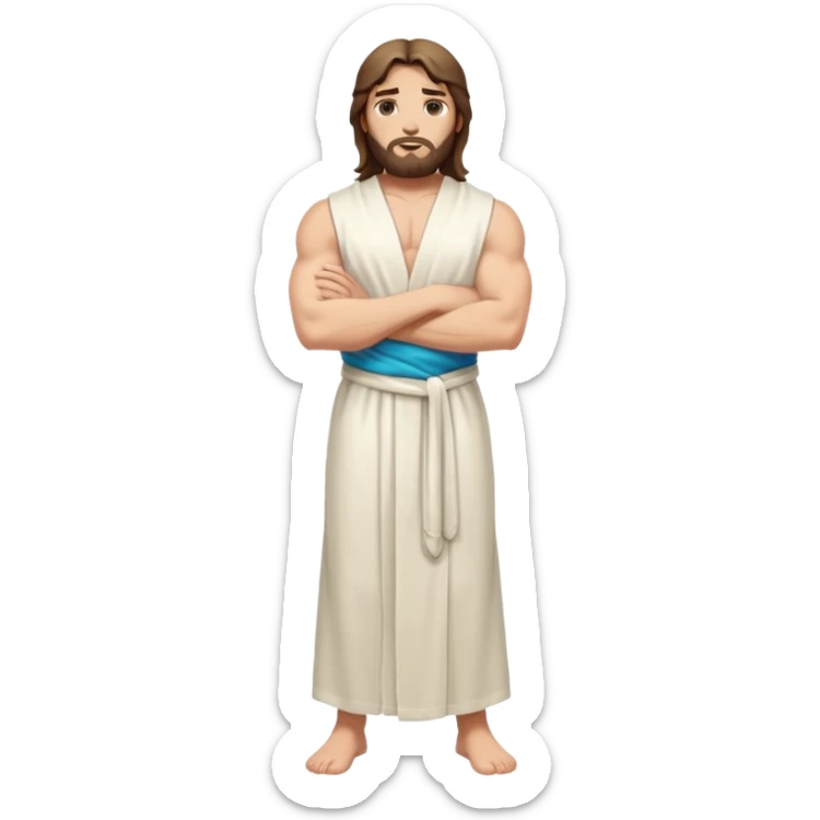 fullbody jesus christ jacked, sleeveless white robe and arms crossed sticker