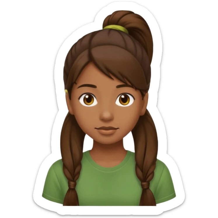 Make a zumba coach emoji, brown eyes, brown hair girl, green shirt withe "the roots" on it, longer pony tail hair sticker