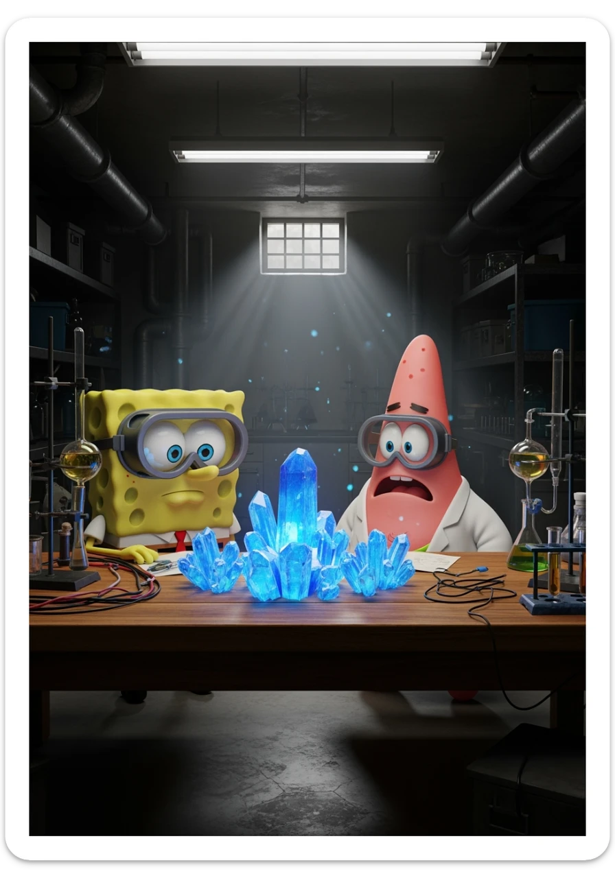 3D cienmatic cartoon shot, spongebob and patric dress in safety glasses and safe white outfit, the are standing front of table with blue crystals on table glowing (light source) science room in basement, back light, Cinema 4d render, proffesional lightning sticker