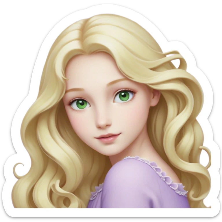 Cinematic Realistic Rapunzel Portrait, with porcelain-like skin featuring a subtle, natural glow, illuminated by soft lighting that brings out the gentle contours of her face. Her long, golden blonde hair cascades in detailed waves, each strand highlighted with a radiant shimmer as it catches the light. Her bright, expressive green eyes exude curiosity and warmth, framed by delicate lashes and soft, arched brows. Her expression is playful and vibrant, with a gentle smile. She is dressed in her classic lavender and pink gown, the fabric textured with delicate folds that flow naturally, catching the light with a soft, radiant glow. The portrait captures a luminous, enchanting aura, seamlessly blending realism with a whimsical, fairytale charm, evoking a timeless sense of beauty and magic. sticker
