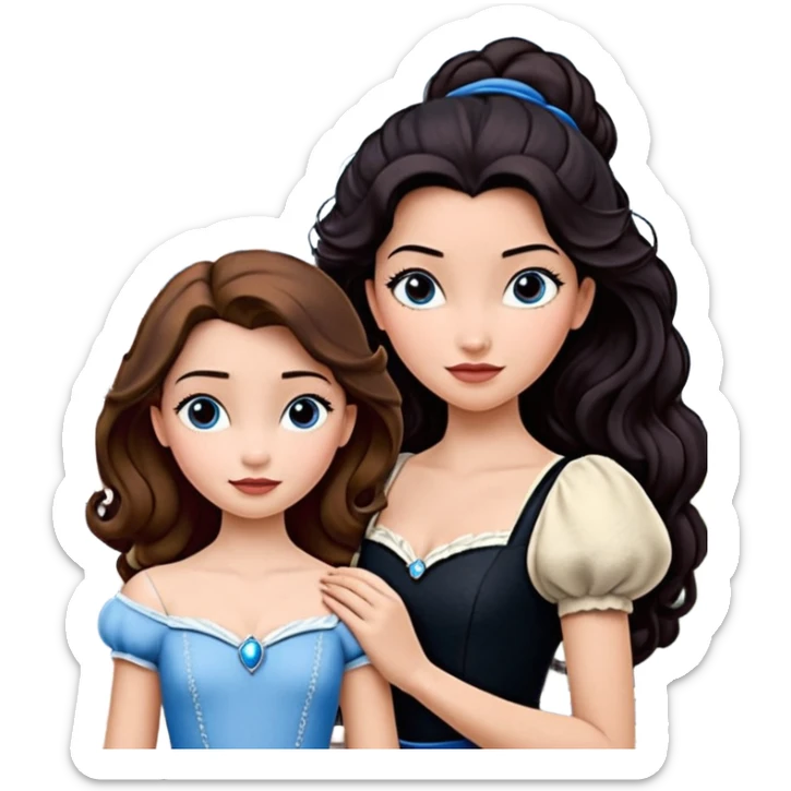 Quiero que crees una imagen donde este el castillo de Disney y por detrás o delante pon a 4 chicas: una con el pelo largo rizado marrón , otra con el pelo muy corto negro, como un chico, otra con el pelo mediano liso marrón con ojos azulesy otra con el pelo negro largo liso . Todos son color carne sticker