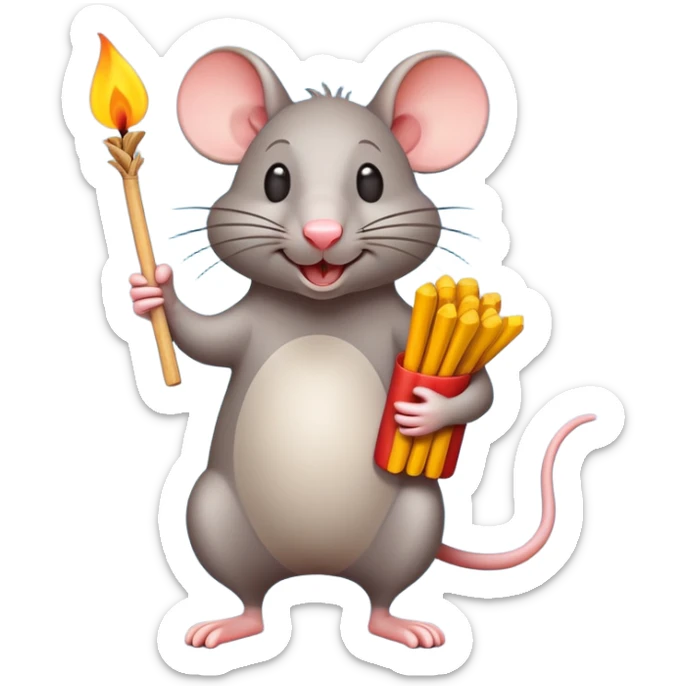 Create a cartoon-style emoji of a cheerful rat collecting matchsticks. Minimalist design with bold outlines, vibrant colors, and simple shapes. Show the rat standing upright, holding a bundle of matches, with a playful expression. Avoid shading or intricate details, keeping the style clean and whimsical. sticker