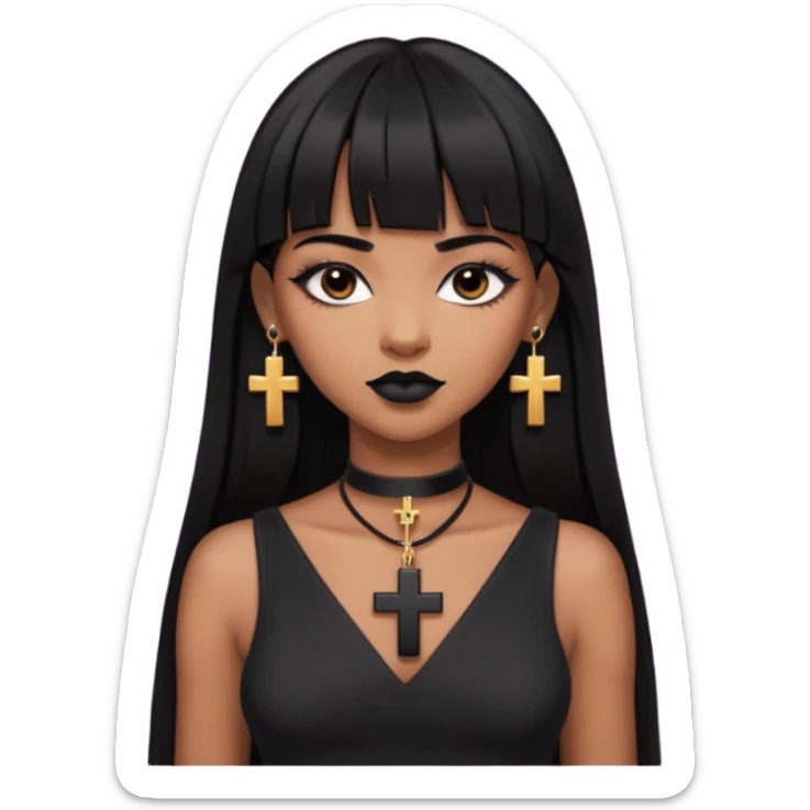 vampira parda com cabelo preto longo e liso e franja, olhos pretos, brincos em formato de cruz, choker em formato de cruz, roupa preta com decote, batom preto e sorrindo de canto sticker