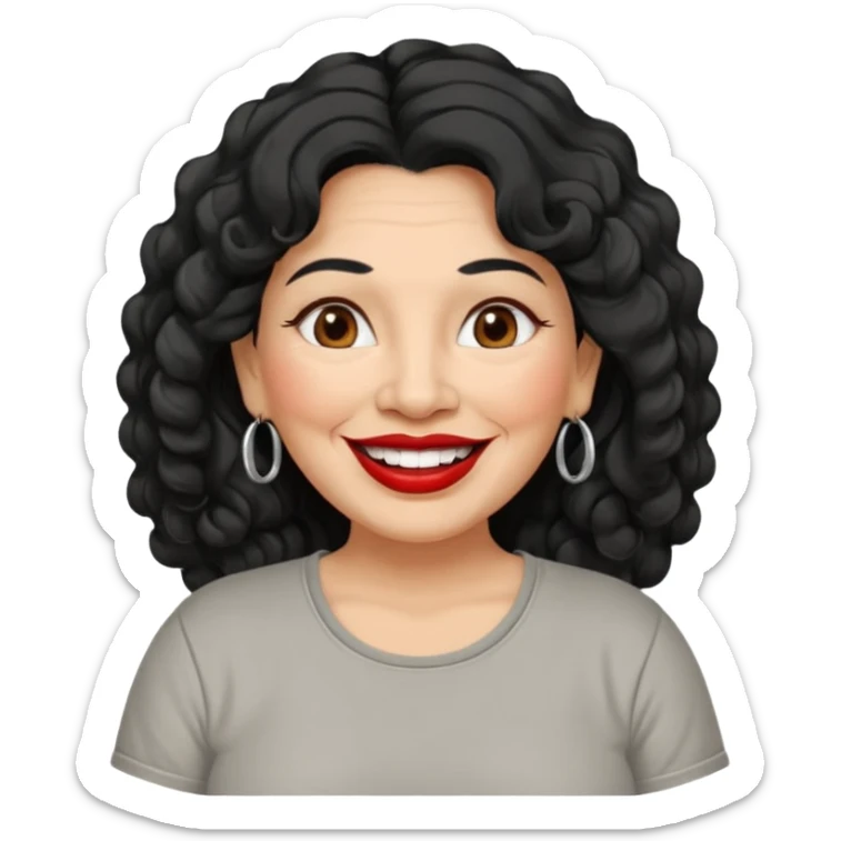 60 yr old Mexican woman, slightly chubby, wavy/curly long black hair, red lipstick, big smile, white teeth, brown eyes, hoop earings, side part to hair, round face, grey t shirt, hair side swept, big hoop earing sticker