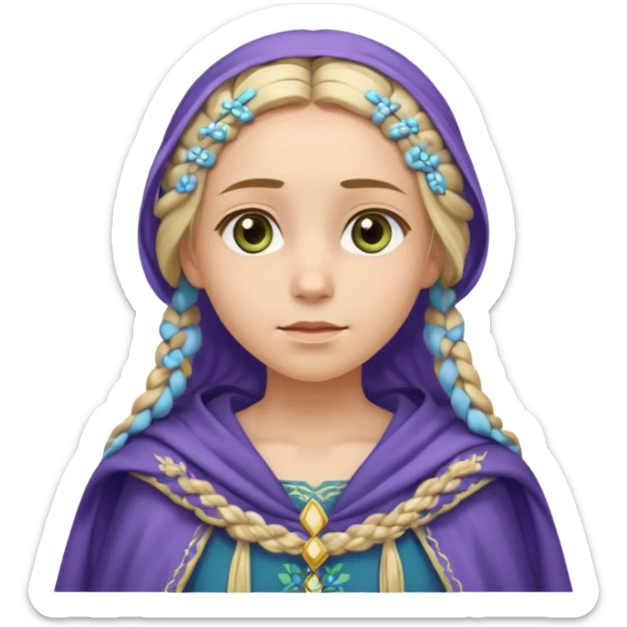 
mujer, Joven, de aspecto dulce y elegante.
Piel clara, ojos grandes y expresivos (pueden ser azules o verdes), sonrisa triste.
Rubio o castaño claro, largo, con trenzas o velo.
Vestido largo de tonos suaves (blanco, azul o lavanda), con bordados dorados; un manto o toca fina cubriendo la cabeza.
 sticker