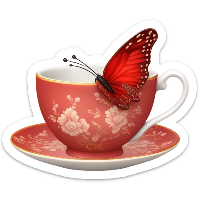 A delicate red butterfly with pastel red wings, resting on the edge of a light red porcelain teacup adorned with intricate floral patterns. sticker