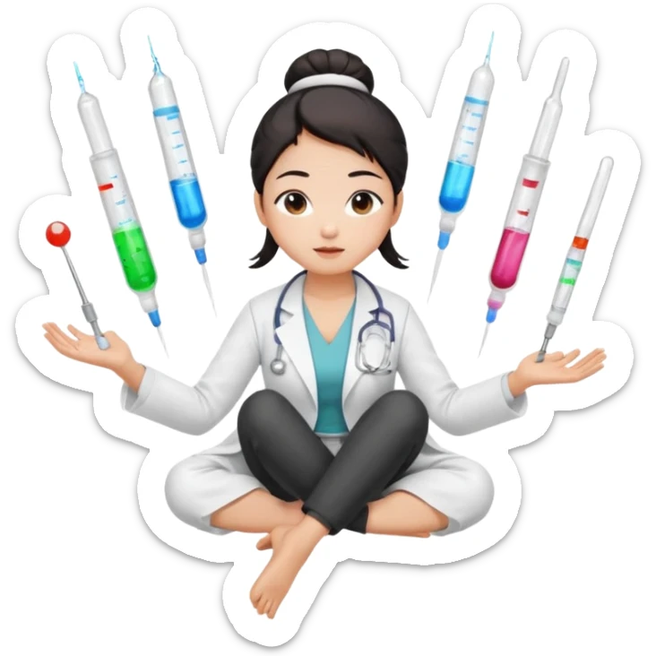 emoji of an asian woman with a single bun in a white lab coat sitting cross legged with micropipettes levitating in an arc around her head sticker