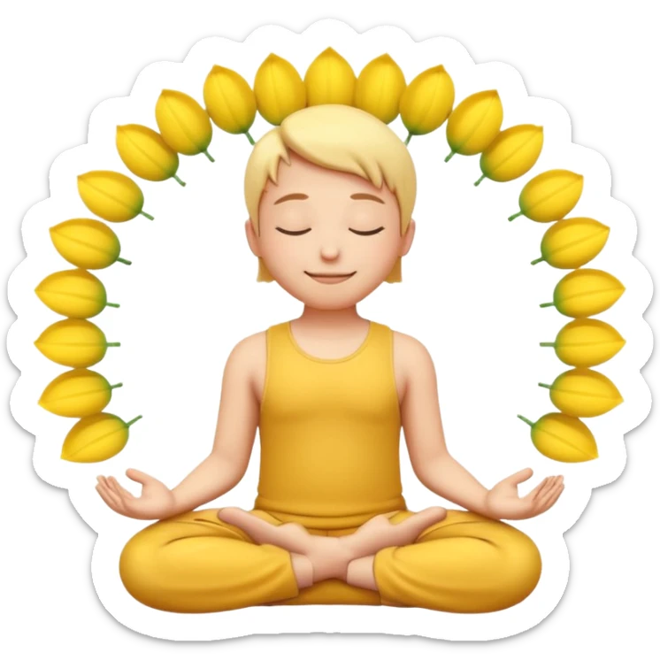 A 3D Apple-style yellow round emoji sitting in a lotus position, eyes gently closed, calm and peaceful smile, hands resting on knees with palms facing upward, relaxed eyebrows, soft glow around the emoji to symbolize inner peace, clean minimal background. sticker
