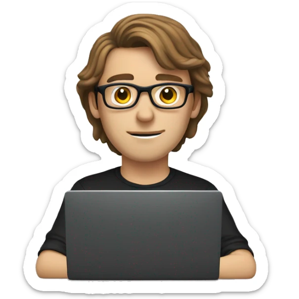 white guy brown hair and black mount glasses typing in laptop wearing black shirt sticker