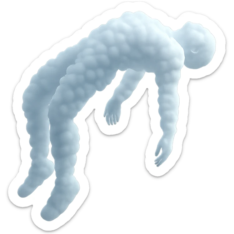 A person made of very small white fluffy clouds in matte glass style, no background and no shadows, unconscious: arms, legs, and head hanging freely down, the center of the torso being pulled upwards, lifeless pose as if being lifted by the middle of the body. sticker