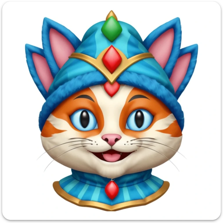 crazy colorful cute little cat jolly joker from poker, medieval, vintage, court jester, mac os squared icon, blue color sticker