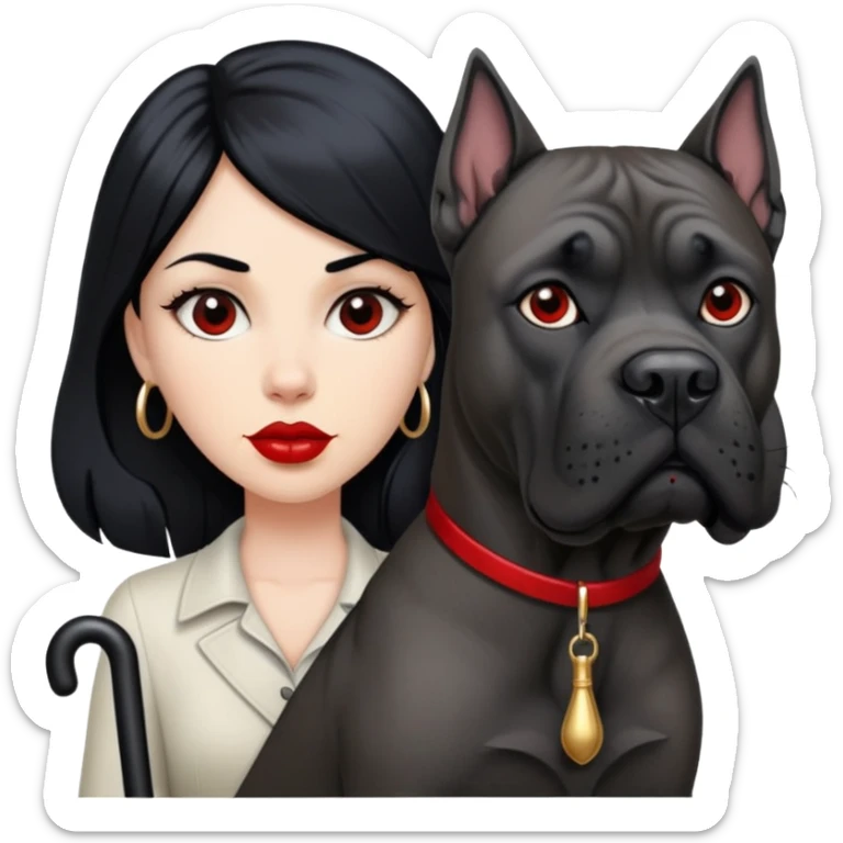 woman with long black hair and red lips next to a black Cane Corso dog with cropped ears and short tail sticker