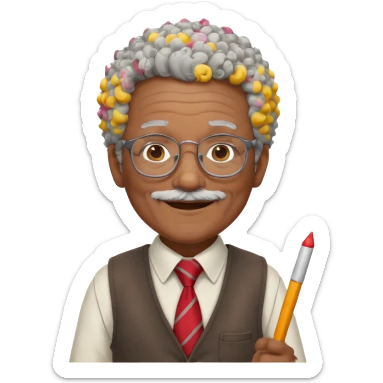 old man teacher, brown skin, curly grey white hai, wearing glasses, brown vest, red tie hold chalk on hand sticker