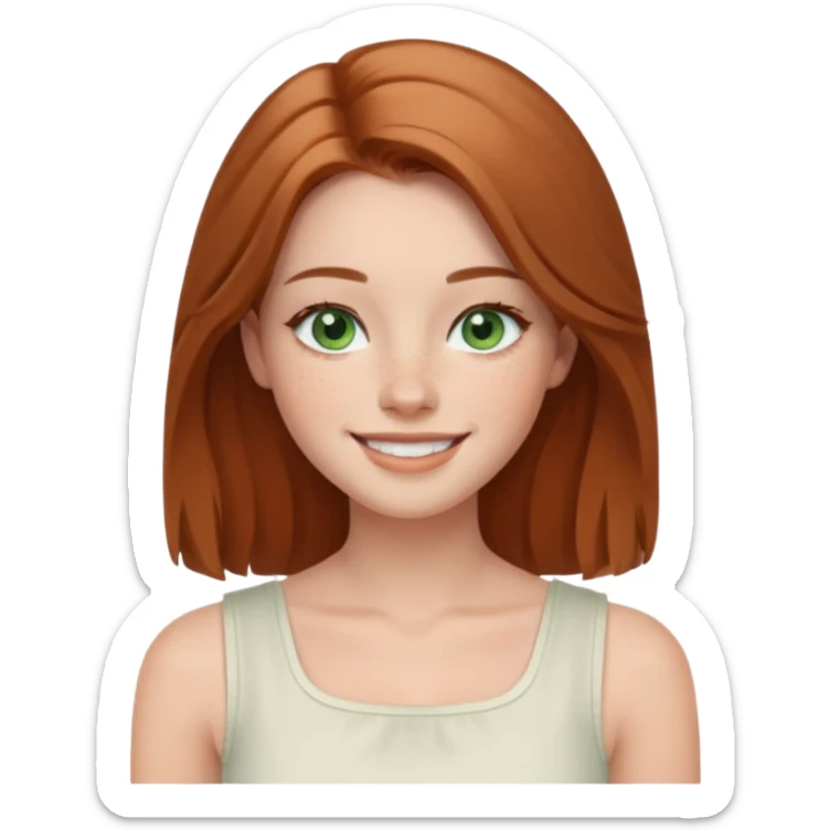 emoji of a woman named Freya McOmish, smiling, green eyes, long light brown hair, subtle freckles, modern casual style, broad shoulders, wearing a white sleeveless square neck top sticker