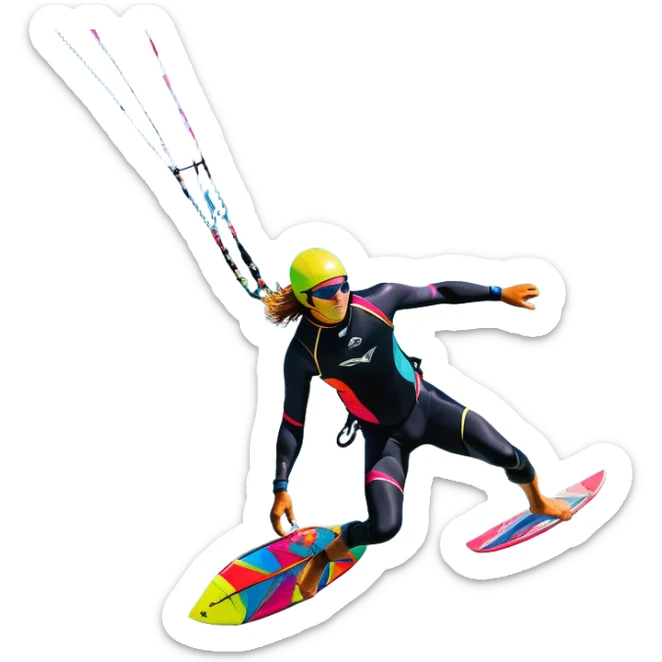 A vibrant kite soaring high in the sky, attached to a kiteboarder riding the waves below. The scene is filled with bright colors, capturing the energy of the sport. The background features the ocean, wind-blown waves, and a clear sky, showcasing the excitement and freedom of kiting. sticker