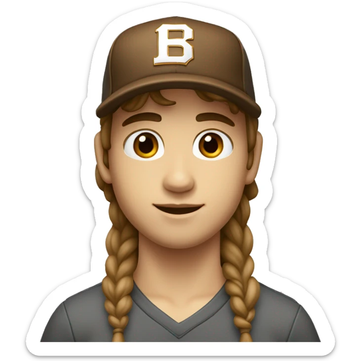 Teenager boy type italian, White skin, with baseball cap backwards with long wavy brown hair (Which go down behind to the nape of the neck), Little bit dezoom sticker