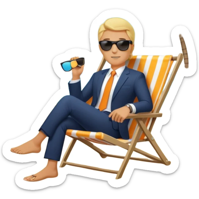 blonde businessman in suit sitting in beach chair on vacation, tropical beach sticker