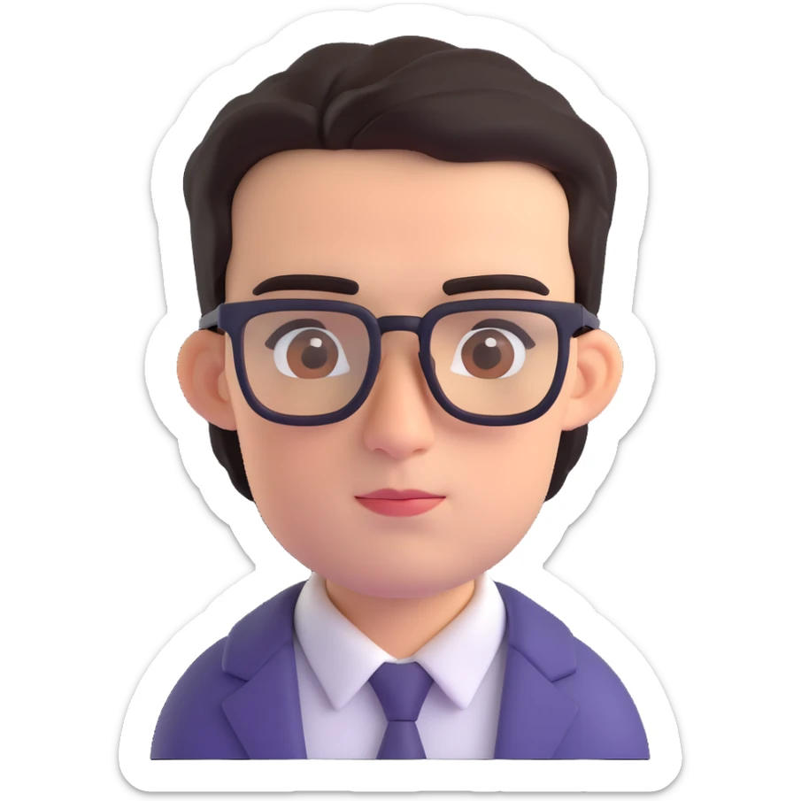 a dark-haired guy with hair to his earlobes, square glasses, brown eyes sticker