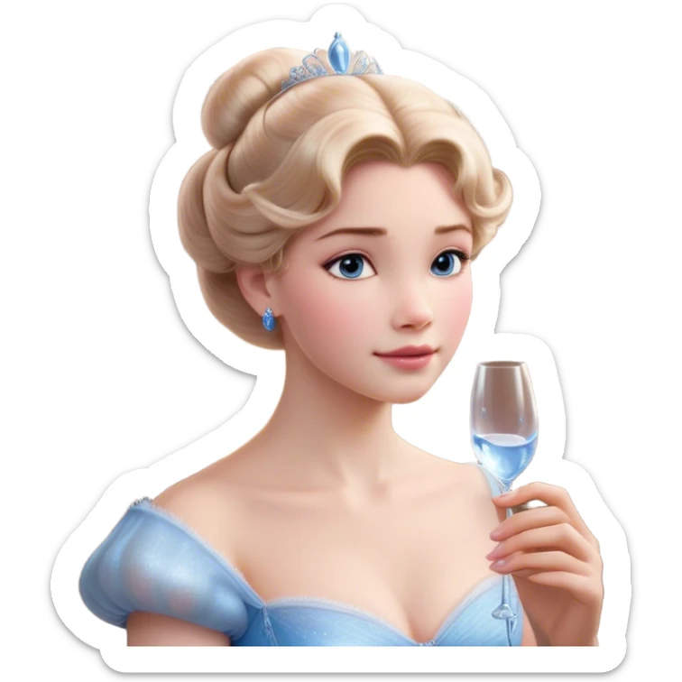 Cinematic Realistic Cinderella Portrait, depicted with lifelike skin texture, subtle rosy undertones, and soft natural lighting that enhances the gentle contours of her face. Her intricately detailed golden blonde hair is elegantly styled in an updo, with delicate wisps framing her face. Her deep, expressive blue eyes radiate warmth and sincerity, reflecting a quiet resilience and grace. She holds a glass slipper gently in one hand, her other hand resting gracefully at her side, emphasizing the timeless beauty of the moment. She is dressed in her iconic ball gown, the fabric shimmering with intricate embroidery and fine translucent layers that catch the light beautifully. The soft sheen of satin gloves adds a magical touch to her graceful pose. The portrait features an enchanting glow with a natural, luminous finish, seamlessly blending realism and fairytale charm to evoke a sense of depth, elegance, and timeless beauty. sticker