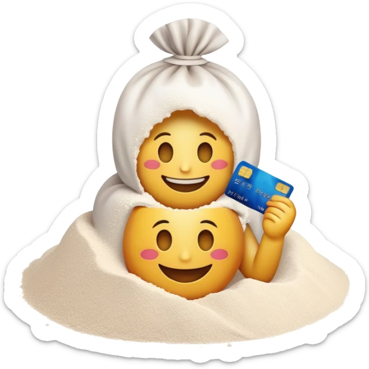 Happy emoji with credit card in hand a pile of flour sticker