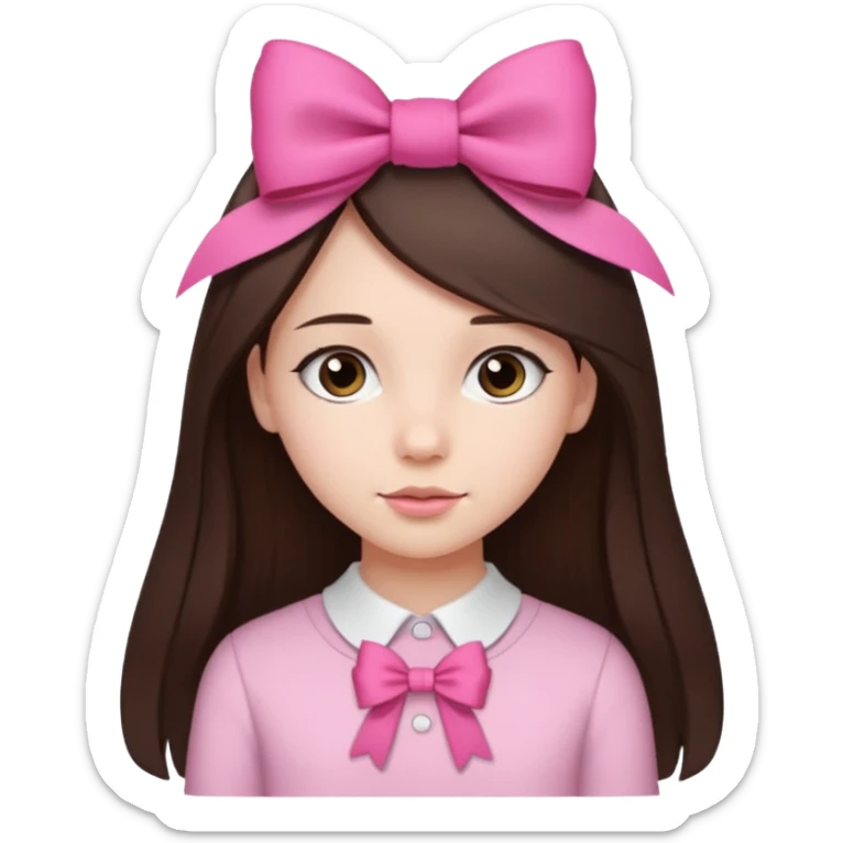 cute girl with dark long straight brown hair with pink bow in hair on te side sticker