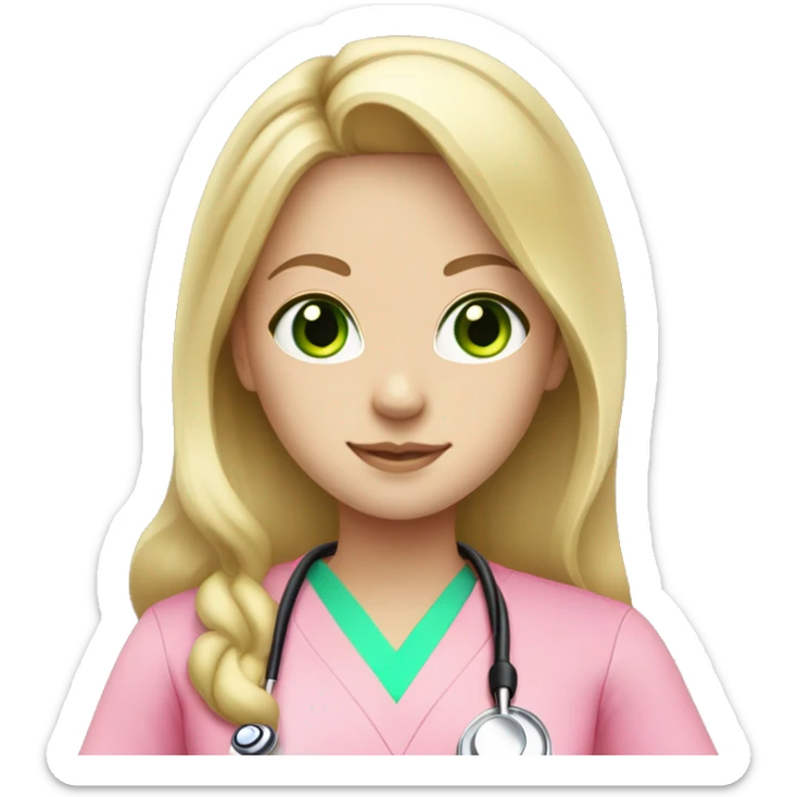 pale blonde girl with long hair and green eyes wearing pink scrubs and stethoscope  sticker